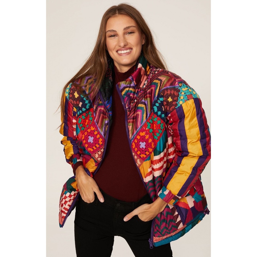 Farm Rio Patchwork Reversible Puffer Jacket Multicolor Floral Zip Up Large